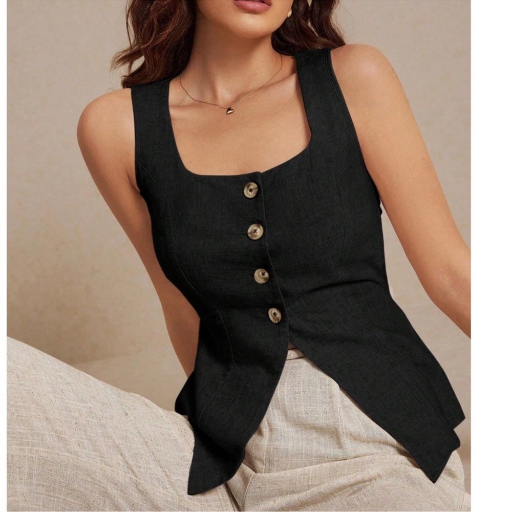 Plus Linen Button Down Sleeveless Minimalist Tank Top XS S M L 1X 2X 3X 4X